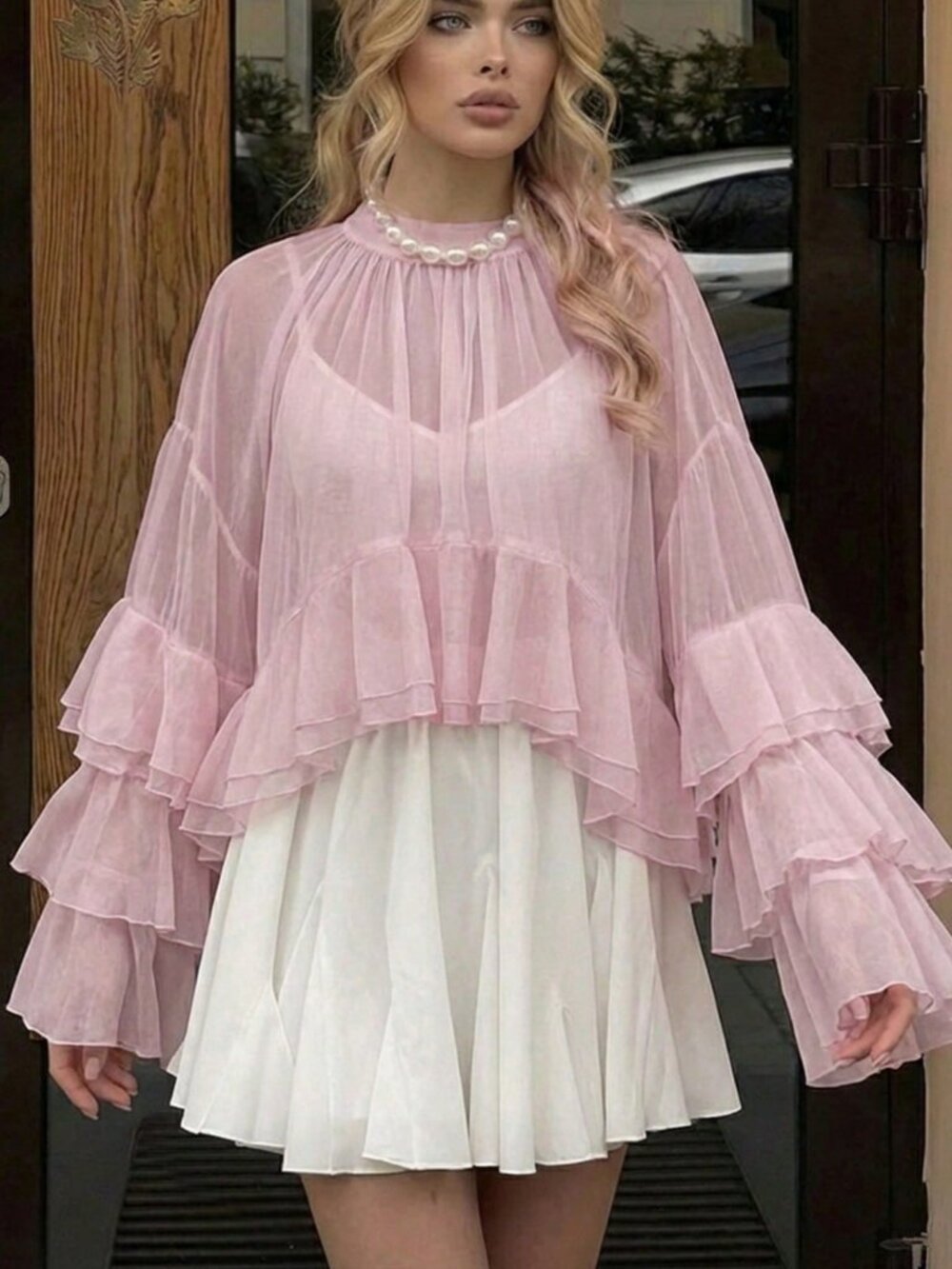 Pink Luxury Elegant Women's Chiffon Ruffle Cuff High Collar Blouse - Picture 5 of 8